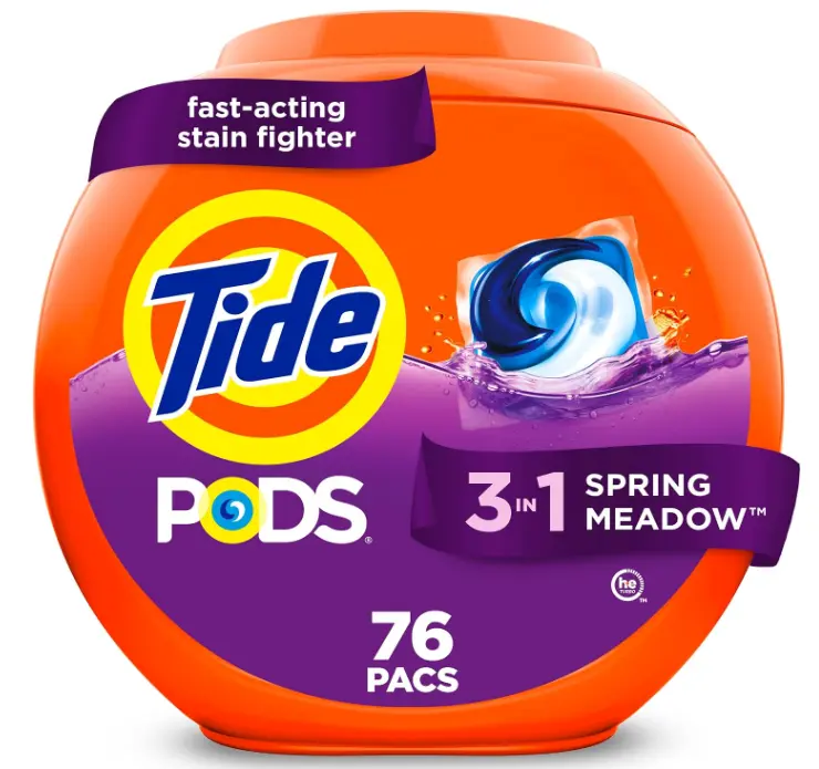 Tide PODS laundry detergent pacs, 3-in-1 Stain Remover, Odor Fighter, Color Protector, 76 Count, HE compatible, Spring Meadow Scent