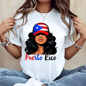 Puerto Rico Flag Woman Print Tshirt White Crewneck Casual Wear For Women