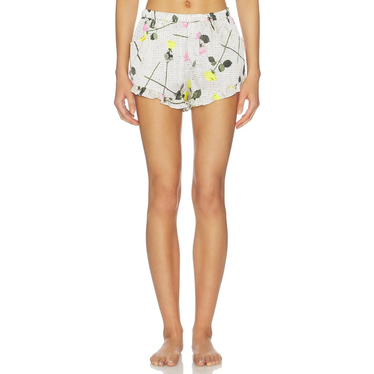 fleur du mal Ruffle Shorts in Yellow Tossed Roses
