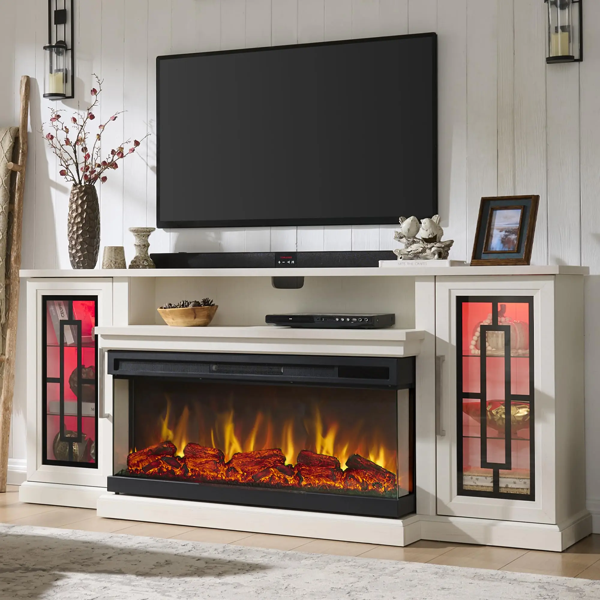 75 Inch Electric Fireplace TV Stand, 3- Side Glass LED Modern Media Entertainment Center Console Table for TVs up to 80/85 Inch w/Adjustable Flame, 40’’ Fireplace, Highboy, Distress White, Modern Farmhouse, Living Room