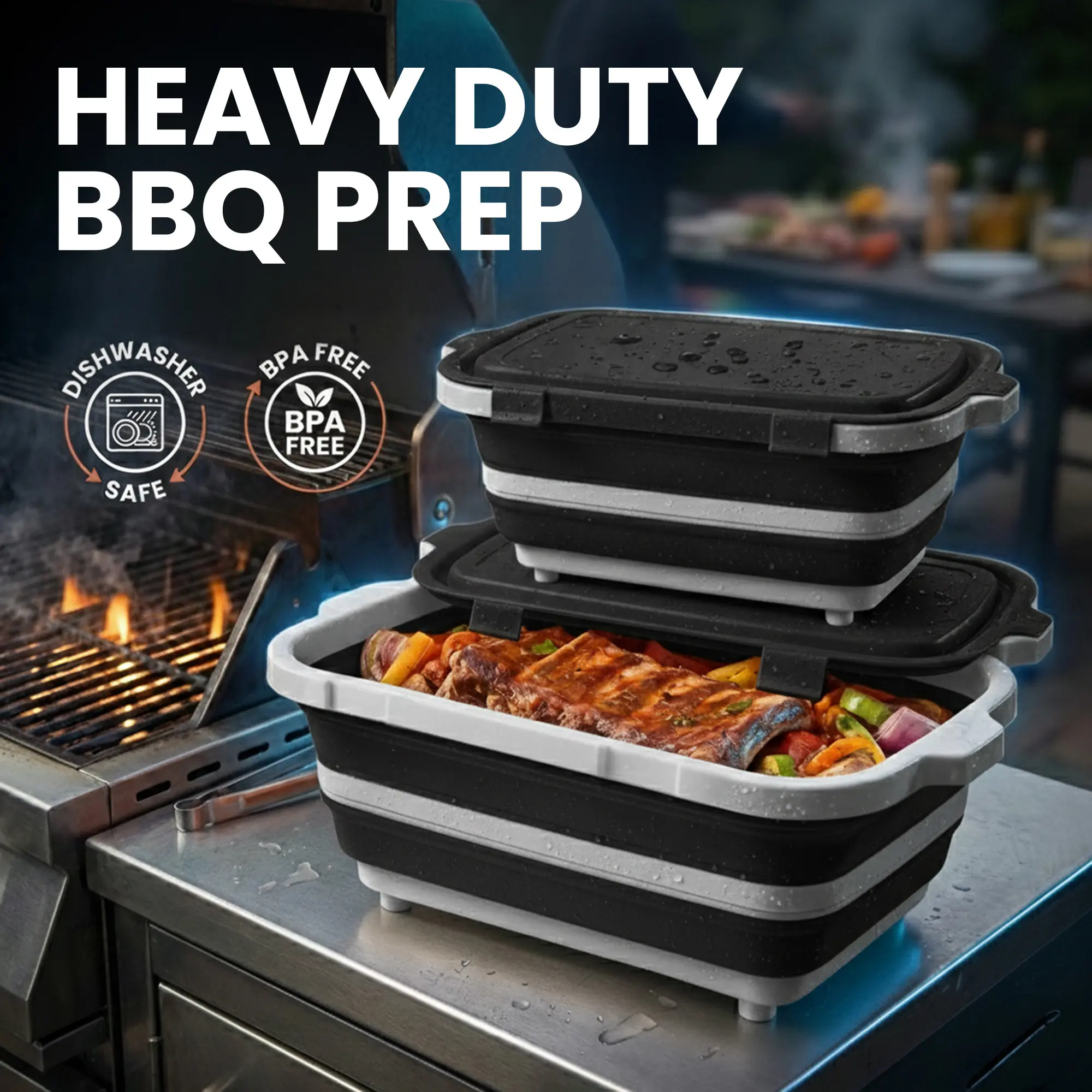 Havenity 2-Pack BBQ Prep Tubs (8L+16L) - Collapsible Food-Grade, Hygienic, Resealable Containers with Lids, Camping Cutting Board for Grilling, Meal Prep Meat Storage, Food-Grade Food Containers, Hygienic Food Containers summerwins Kitchen Food Storage