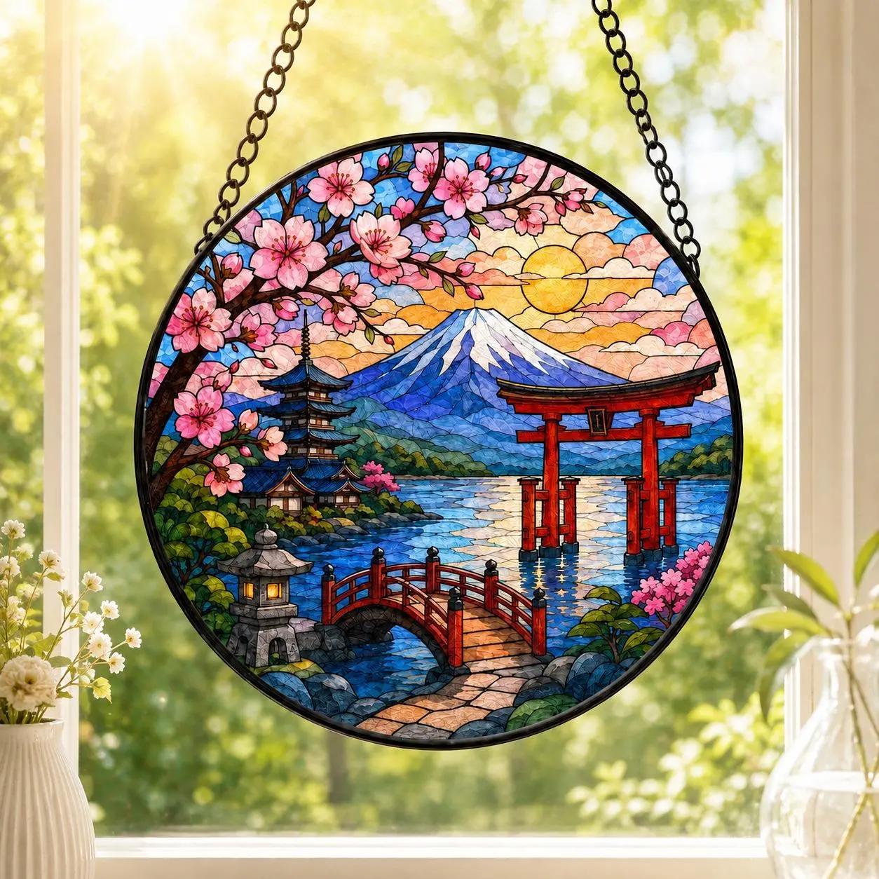 Japan Mount Fuji Glass Suncatcher, Cherry Blossom Stained Glass Window Hanging, Japanese Torii Gate Sun Catcher, Sakura Mountain Landscape Decor, Asian Inspired Window Ornament, Japan Travel Gift, Zen Home Decor, Japanese Culture Lover Gift