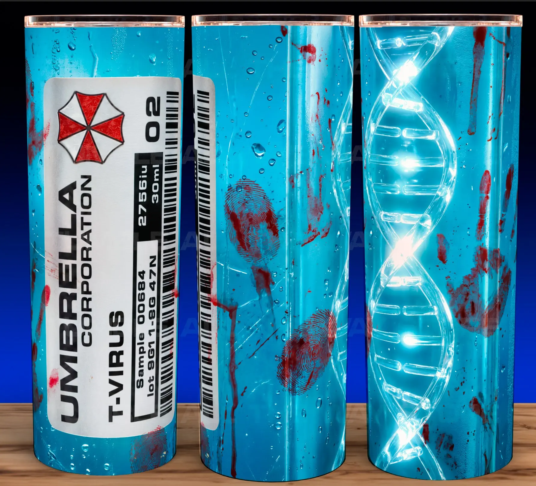 Resident Evil Umbrella Corp T-Virus Zombie Gaming Horror Blue Cup Mug Tumbler 20oz with Lid and Straw - Elegant Drinkware for Vampire Fans - Perfect for Hot or Cold Drinks! Stainless Steel. Flasks Plastic Glossy Insulated