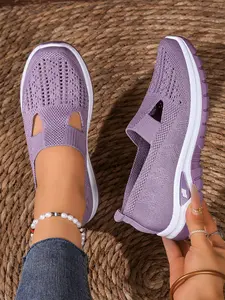 Women's Breathable Knit Low Top Sports Shoes, Breathable Walking Sneakers, Round Toe Lace-Up Casual Shoes, Eva Shock Absorption Sole, All Seasons Comfort, Lightweight Walking Shoes