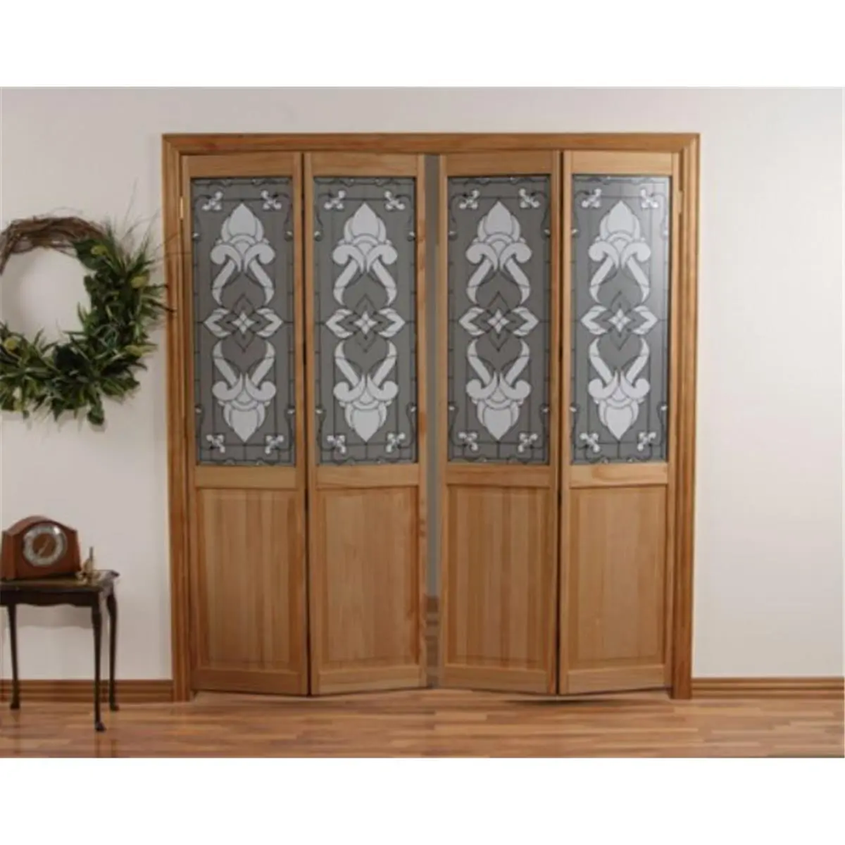 AWC Eternity Bi-Fold Glass Entry Door, 30x80 in, 1-1/8 in Thick, 55 lbs Unfinished Pine American Wood, Half Glass, Ready for Painting or Staining, Home Improvement Upgrade, Glass Entry Doors