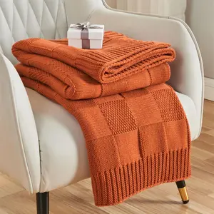 Knit Throw,Orange Checkered Throw for Couch,Warm Knitted Throw for Couch Bed Room, Decorative Spring Fall Throw 50"X60",Rust Orange