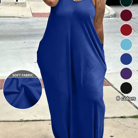 Plus Size Women's Casual Long Dress, 8 Color Options, Thin Strap Spaghetti Strap Halter Neck, Pockets, Loose Fit, Daily Wear, Vacation, Home, Summer, Casual Sundresses