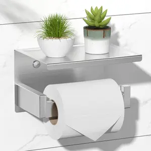 HITSLAM Brushed Nickel Toilet Paper Holder, Stick on Silver Toilet Paper Holder with Shelf, Self Adhesive No Drill or Wall-Mount with Screws for Bathroom HITSLAM