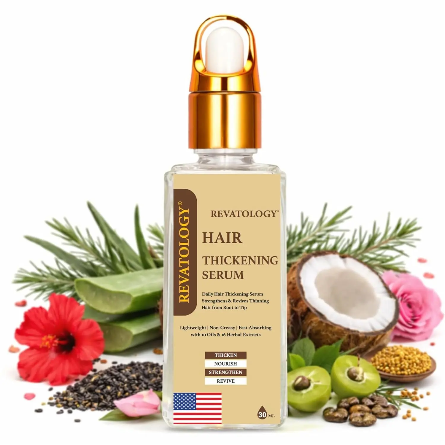 Revatology Hair Thickening Serum for Women and Men, Lightweight non-greasy Leave In for Thinning Hair and Scalp Care, 30 Cold Pressed Botanicals with Rosemary and Biotin, Chemical Free (Made in USA)