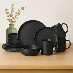 Black 12-Piece Stoneware Dinnerware Set for 3, Stackable Matte Glaze Kitchenware with Mugs, Microwave & Dishwasher Safe, Non-Toxic Plates & Bowls Set