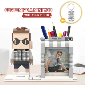 Customizable Brick Figure with Keychain & Colorful Pen Holder Good Gift For Lover/Family/Friend/Kids/Student