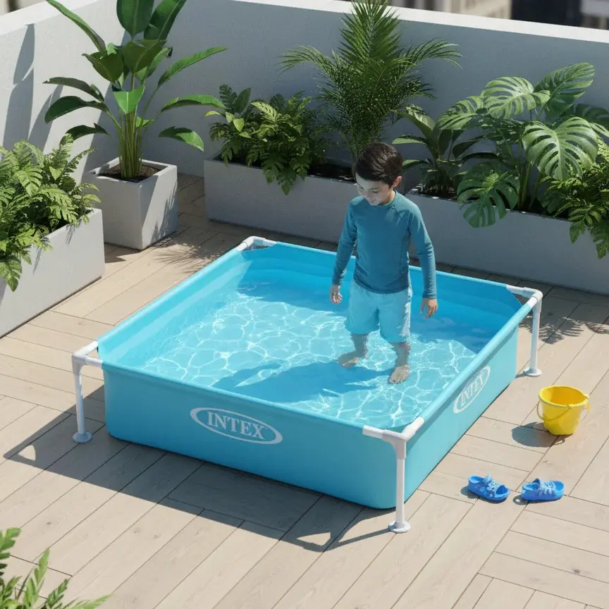 Mini Metal Frame Kiddie Pool - Portable Square Outdoor Splash Pool for Backyard & Patio, Non-Inflatable Easy Setup Water Swimming Pool for Kids & Toddlers