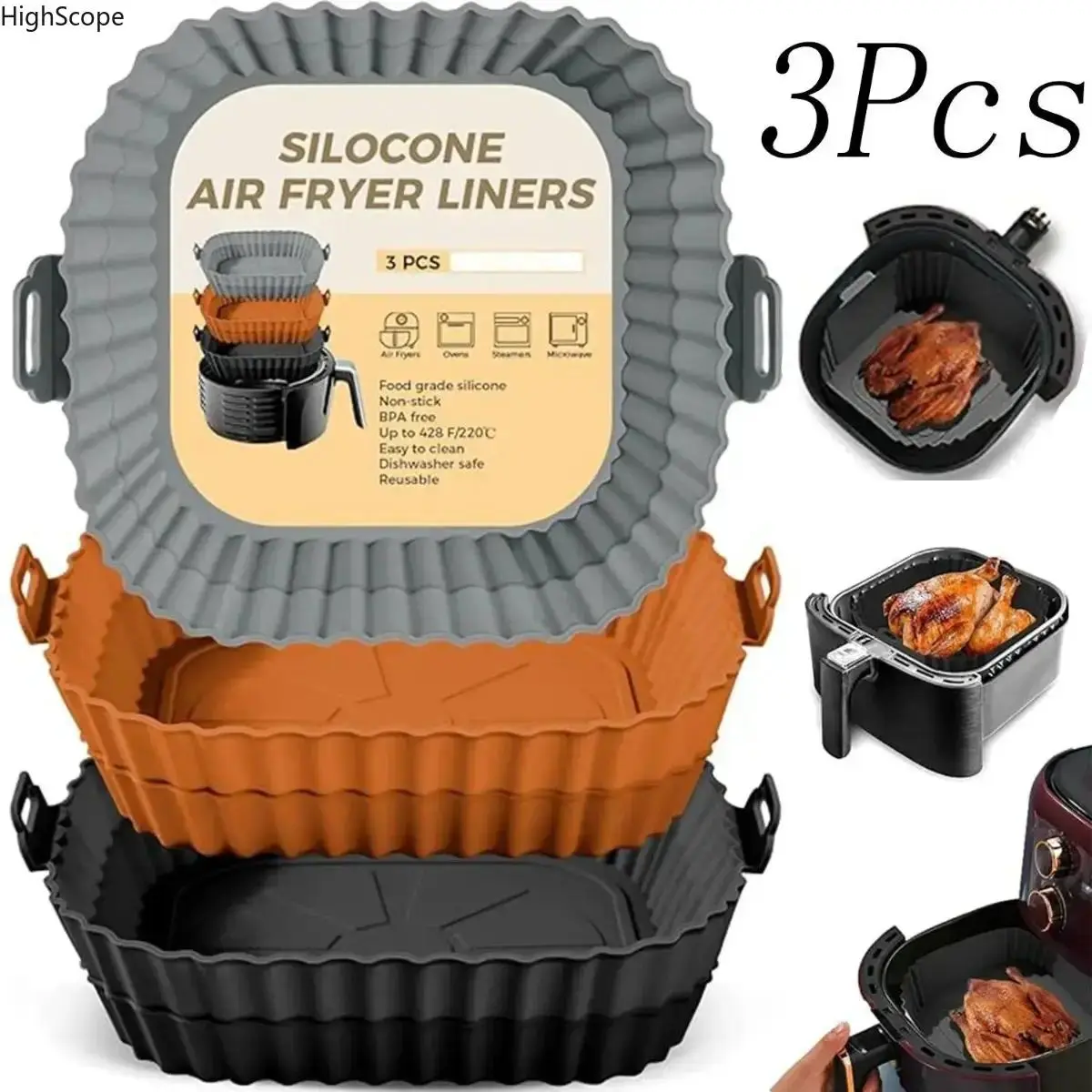 3-Pack 4.5-Inch Square Food-Grade Silicone Air Fryer Liners - Non-Stick, Dishwasher-Safe, Easy Cleaning, Food Prep Accessory with Handles, Camping & Indoor Recreation Gift for Cooking Enthusiasts, Crisp Results, Home Cooking, Thoughtful Gift