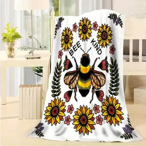 1Pc Vintage Bee & Bumblebee Floral Print Blanket - Soft Flannel-Like Warm Throw With Bee Kind Lettering & Bee Motif, 30S Yarn All-Season Couch Bed Camping Blanket & S, Cozy Gift For Nature Lovers, Throws For Couch, Throw Blanket For Couch, Small Cozy Thro