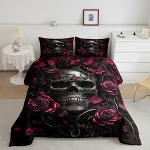 Gothic Skull Bedding Set,Goth Comforter Set,Vintage Victorian Romantic Hot Pink Rose Floral Quilt,Spooky Grunge Skeleton Boho Horror Bedding Soft Polyester