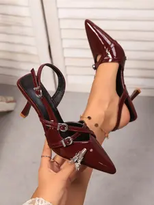 Women's Elegant Classic PU Leather High Heels, Kitten Heel Design, Plain Pattern, Comfortable & Versatile, Perfect for Spring & Fall, Footwear