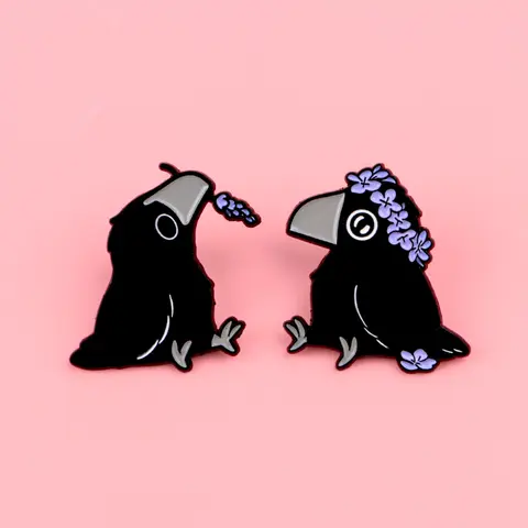 2pcs/set Cute Animal Design Zinc Alloy Brooches, Brooch Pin Clip, Floral Crow Enamel Durable Metal Pins, Drop Set Pins, Perfect for Backpacks, Briefcases, Clothing Couple Accessories