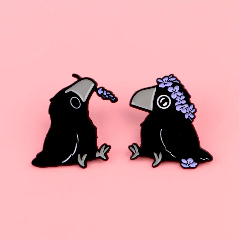2pcs/set Cute Animal Design Zinc Alloy Brooches, Brooch Pin Clip, Floral Crow Enamel Durable Metal Pins, Drop Set Pins, Perfect for Backpacks, Briefcases, Clothing Couple Accessories