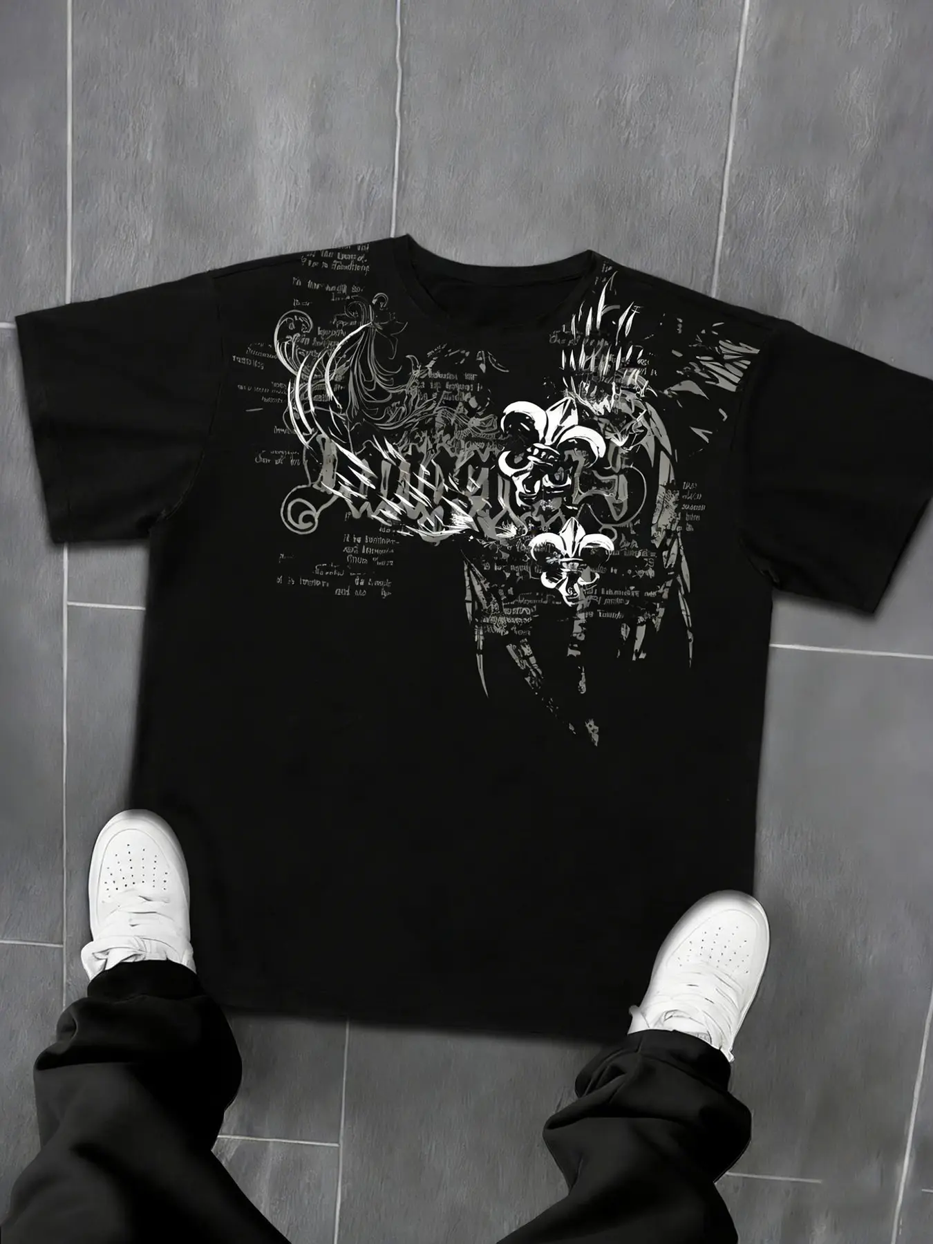 Men's Loose Gothic Baroque Print T-Shirt, Retro Letter Floral Top, Breathable Blend, Street Style, Casual Wear, Skateboarding, Hip Hop, Streetwear