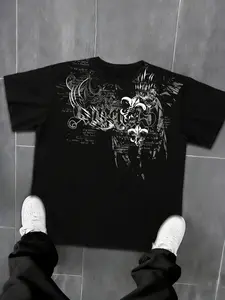 Men's Gothic Baroque Print T-Shirt, Vintage Letters & Floral Prints, Breathable Cotton Blend, Casual Street Style