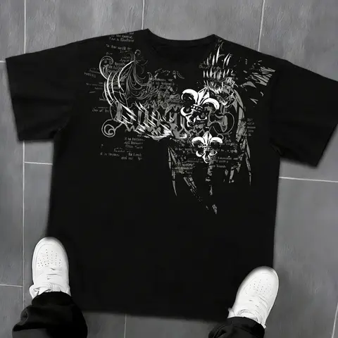 Men's Loose Gothic Baroque Print T-Shirt, Retro Vintage Classic Letter Floral Top, Breathable Blend, Street Style, Casual Wear, Skateboarding, Hip Hop, Streetwear