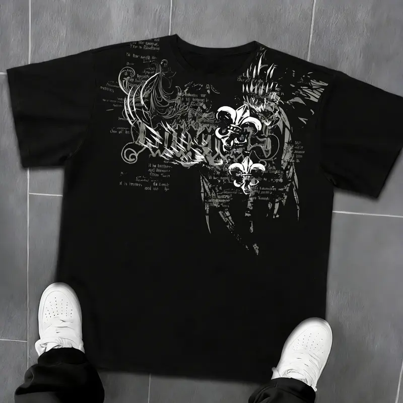 Men's Loose Gothic Baroque Print T-Shirt, Retro Vintage Classic Letter Floral Top, Breathable Blend, Street Style, Casual Wear, Skateboarding, Hip Hop, Streetwear