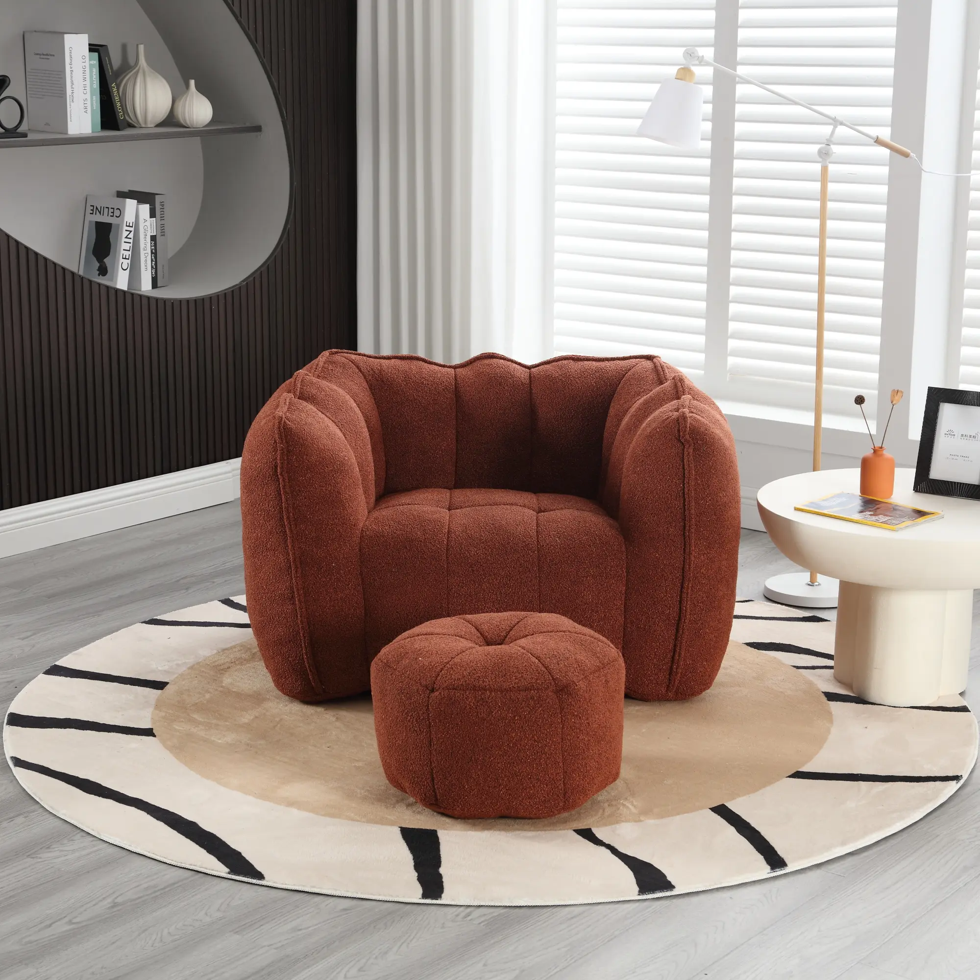 Dreamzon Square Bean Bag Chair with Arms - High-Resiliency Chenille Fabric Single Seat, High-Resilient Foam Chips, Lightweight Compressed Form, Convenient Handle Design, Gaming Footstool for Adults’ Living Room, Bedroom (Red+Brown), Nursery, Square Shape