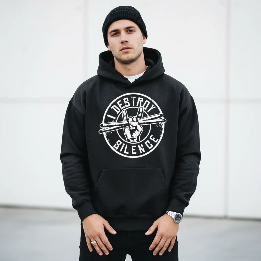Men's drummer percussion lover Graphic Hoodie - Cotton Blend Black Long Sleeve Pullover Regular Fit |   Soft & Breathable Fabric, Durable Print, Everyday Comfort, Machine Washable, rock music music performance