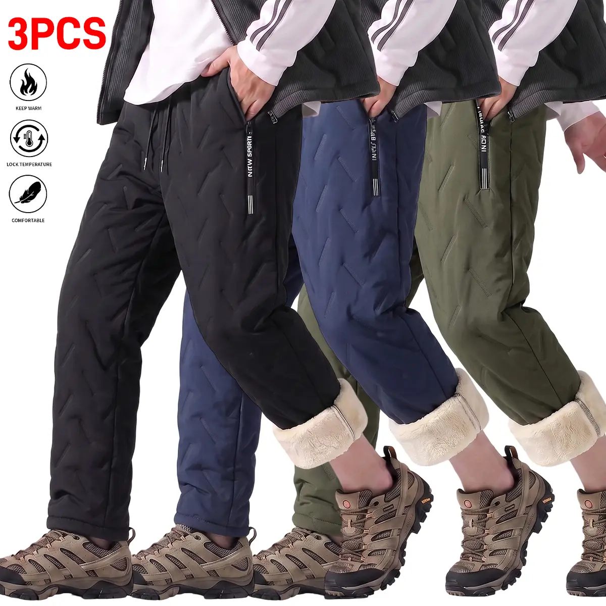 Men's sonic-quilted thermal trousers, straight-cut hem and zip fly – ideal for commutes, camping, or lounging – poly shell with sherpa inner, breathable & non-bulky – cozy, tough, and practical.