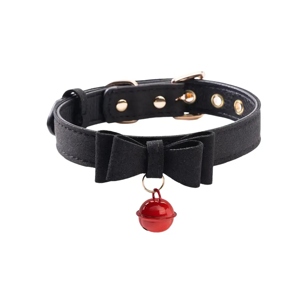 CHICCHOK Miss Belle Fashion Cute and Lovely Style Bow Tie with Bell Daily Wear Leather Choker Women's Bone-Shaped Pendant Necklace Jewelry Gifts