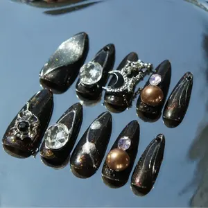 NAIL NOVA Chestnut Charm HANDMADE 10 PCS Press-on Nails with real RHINESTONE Long-lasting Reusable TOOL KIT INCLUDED salon-quality gel