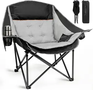 Slendor Oversized Folding Camping Chair, Heavy Duty Padded Outdoor Chair with Cup Holder & Carry Bag, Supports 500lbs for Beach Fishing Lawn Sports - Black Gray