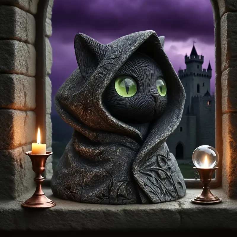 Gothic Black Cat Statue with Cape, Hand-Painted Style Green-Eyed Design, Resin Ornament, Decorative Sculptures, Collectible Figure Decor, Suitable for Office/Dungeon Decoration, Multi-Festival Collectible, Kitten Desktop Display Statue