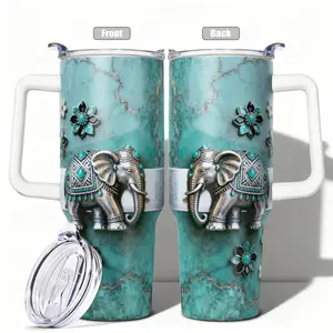 1pc, 40oz/30oz/20oz/14oz Stainless Steel Thermal Cup Turquoise Elephant Floral Double Wall Vacuum Insulated Cup, Leakproof Lid & Carry Handle Travel Mug for Outdoor Camping Hiking, Gift for Dad, Mom, B, Insulated Water Bottle, Leakproof Insulated Tumbler