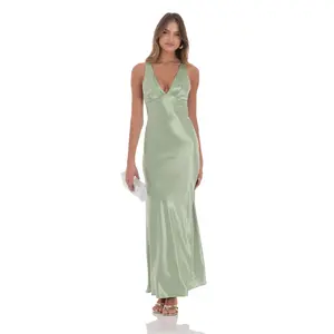 Lucy In The Sky Satin V-Neck Maxi Dress in Sage