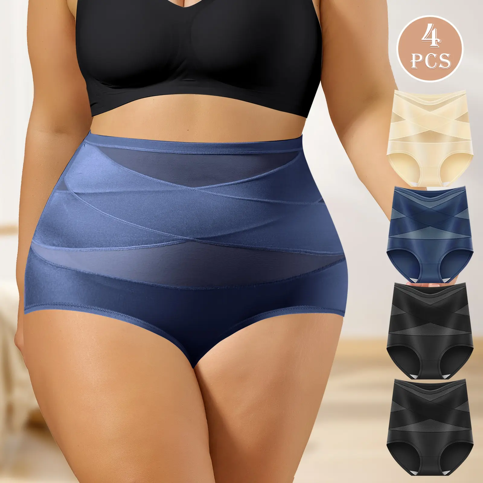 QUASTI  Plus Size Women's 4-Pack High Waist Light Tummy Control Briefs | 86% Polyester & 14% Elastane, Crisscross Sheer Mesh Shaping Panel, Anti-Chafe Wide Legs, No-Roll Waistband, Silky Smooth Daily Shaping Panties Fit