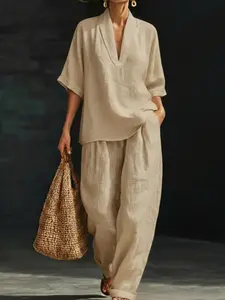 2026 Summer New Women's Co-ord Set Linen, Solid Color Minimalist Casual Comfortable Set, Loose-Fitting Half Sleeve Ankle Length