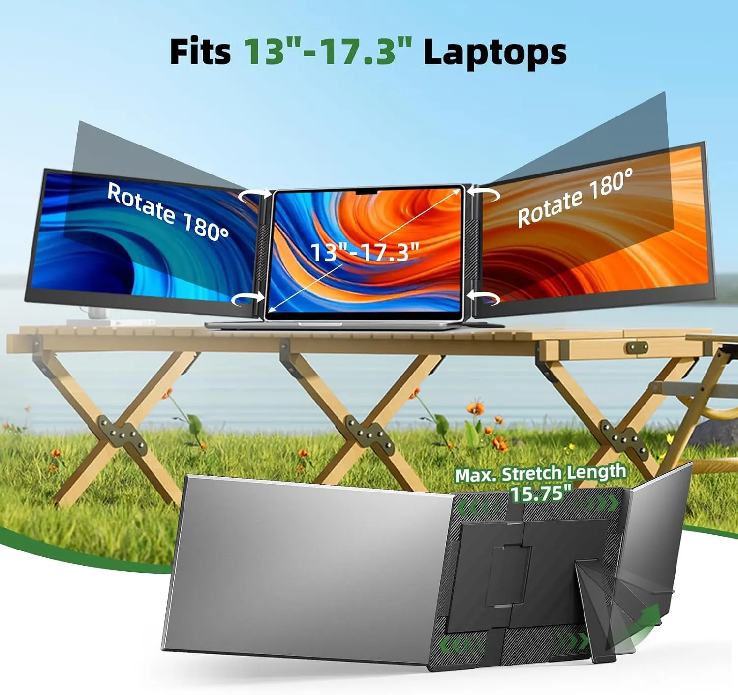 Laptop Screen Extender 15.6", IPS Plug&Play Portable Monitor for Laptop, FHD 1080P Triple Monitor Extender, Ultra-Slim Travel Extended Screen for Business Work Study