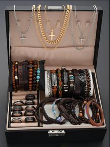 punk style men's jewelry set, mother's day gifts, stainless steel cross pendant necklace & rings & bracelets, fashion jewelry for party, daily decor, trendy all-match & exquisite jewelry for birthday gift, jewelry for men