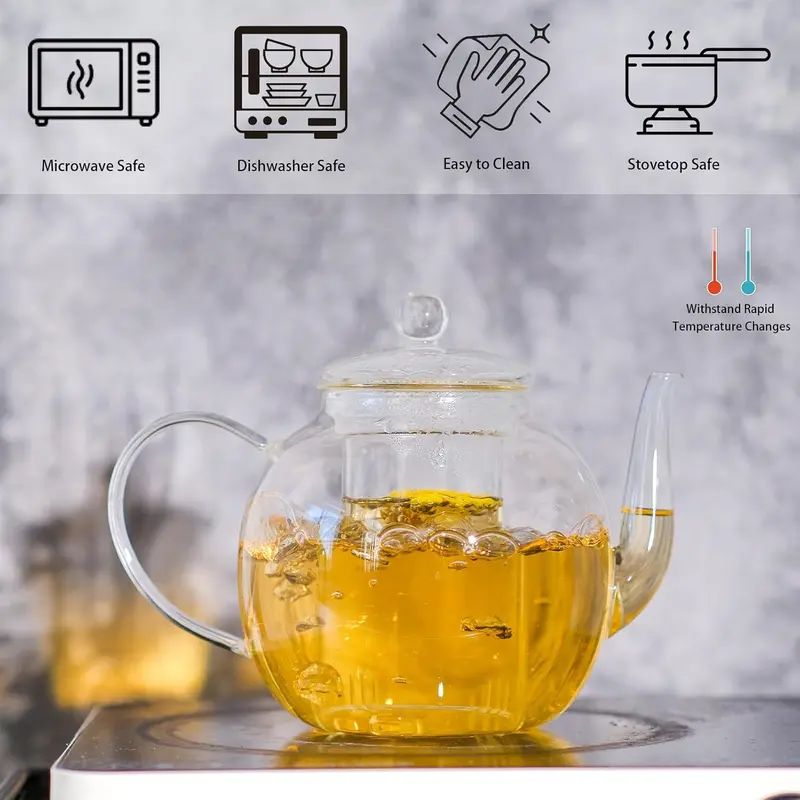 Stovetop-Safe Glass Teapot with Removable Infuser - Classic Ergonomic Design, 1530ml(52oz) Large Size, 1000-2000ml Loose Leaf/Blooming Beverage Maker, Iced Drink Pitcher, Kitchen Tea & Coffeeware, Teapot for Stovetop