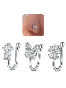 Silver Nose Cuffs Fake Nose Ring Cuff Non Piercing Butterfly Flower Silver Clip on Nostril Cuffs for Non Pierced African Women Nose Ring Jewelry