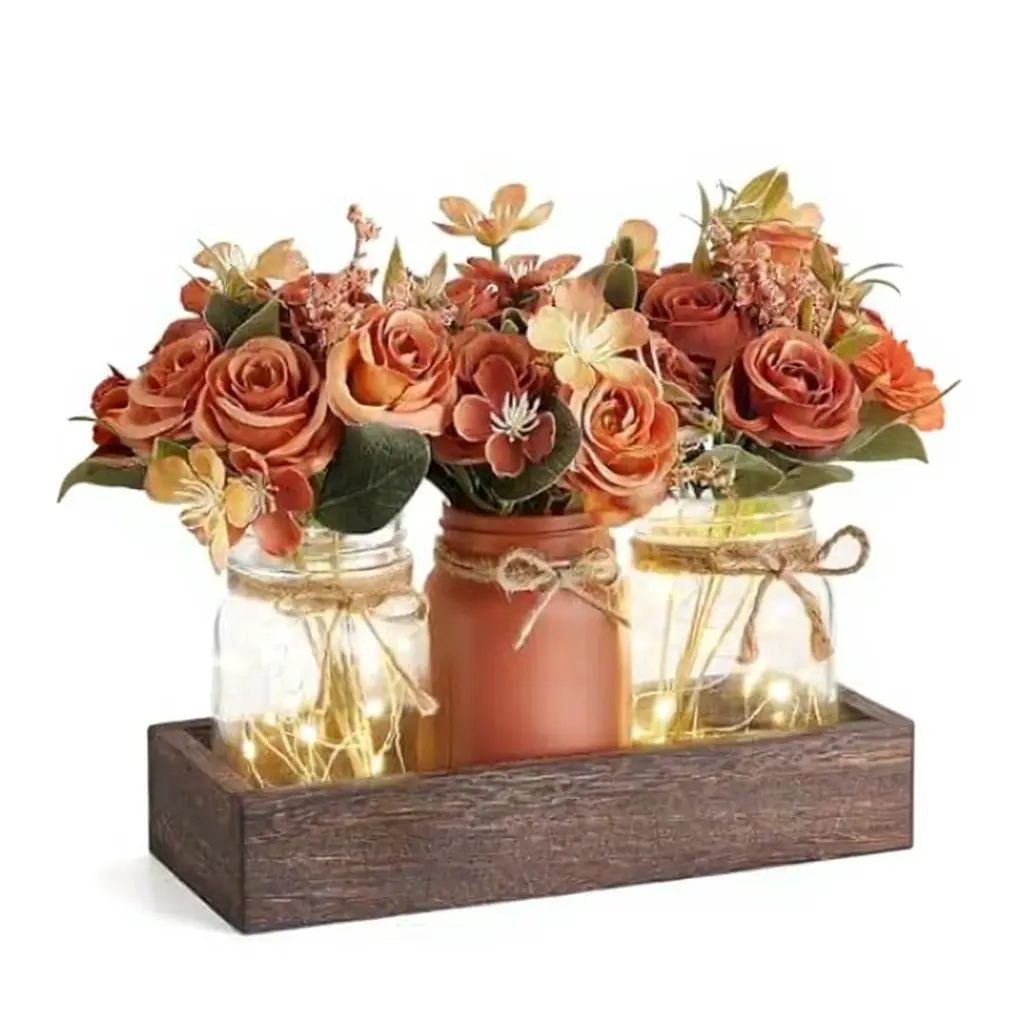 3-Pack Decorative Transparent Plastic Mason Jars Set with Wooden Tray, Orange Flower Floral Centerpiece, Gift Box Included – Wedding & Christmas Kitchen Table Decorations