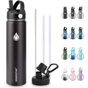 Insulated Water Bottle 24 OZ, Wide Mouth 24 oz Water Bottle with Straw Lid, Spout Lid, Double Wall Vacuum Stainless Steel Leak Proof, Keeps Liquids Hot or Cold (Black)