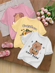 3pcs Girls' Casual Cute Crew Neck Short Sleeve T-shirts, Capybara Series Pattern Print, Stylish & Versatile Tops, Must-have Sweet Summer Outfits, Cartoon Print Tee