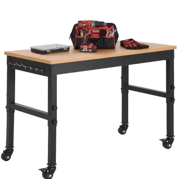 GARVEE 48" Work Bench for Garage,2200 lbs Capacity, Adjustable 29.5"-37",4 Wheels PREMIUM DURABILITY IRON & WOOD 2200LBS HEAVY LOAD-BEARING BUILT-IN POWER STRIP FOR CONVENIENCE 3 HEIGHT ADJUSTABLE DESIGN