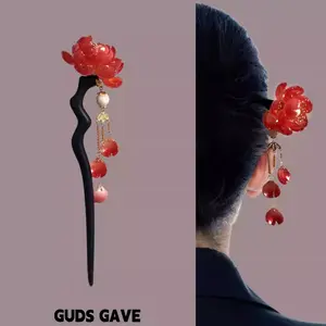 GUDS GAVE Ebony Hair Stick | Red Peony Bold Tassel Ancient Chinese Style Cheongsam Hair Pin