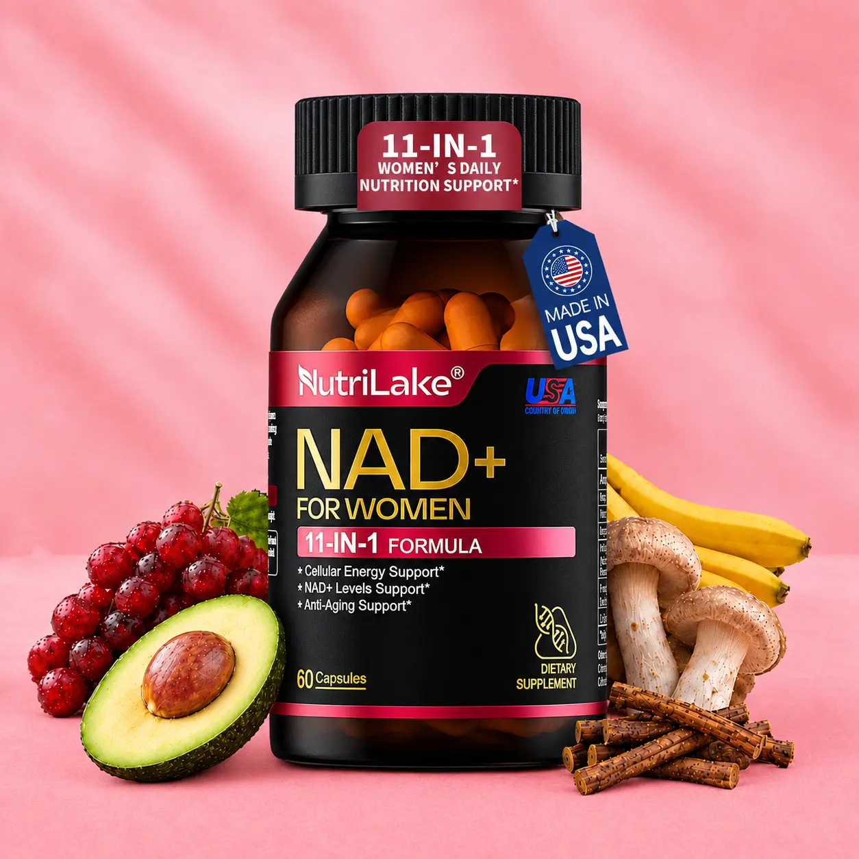 NutriLake NAD+ Supplements for Woman Anti-Aging,Wrinkle Defense Capsules –  Trans-Resveratrol,Ergothioneine-Super Blend CoQ10,PQQ,Supports Cellular Health,Energy & Skin Revitalization – 60 Capsules Healthcare Nutrition Supplements