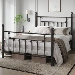 VECELO Modern Metal Bed Frame with Headboard and Footboard,Queen Twin Full Size,Industrial Victorian Style, Heavy Duty Steel Platform Black and White