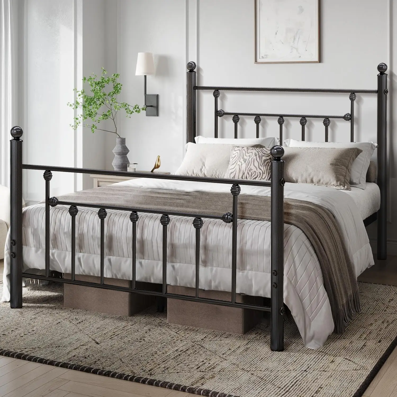 VECELO Modern Metal Bed Frame with Headboard and Footboard,Queen Twin Full Size,Industrial Victorian Style, Heavy Duty Steel Platform Black and White