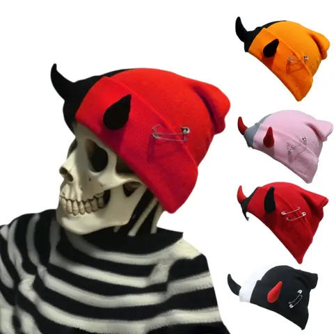 1pc Women's Bicolor Devil Horn Knitted Beanie Hat, Cute & Stylish Hiphop Small Horn Cap, Autumn/Winter Warm Ear Protection Thin Knitted Hat, Creative & Versatile Design